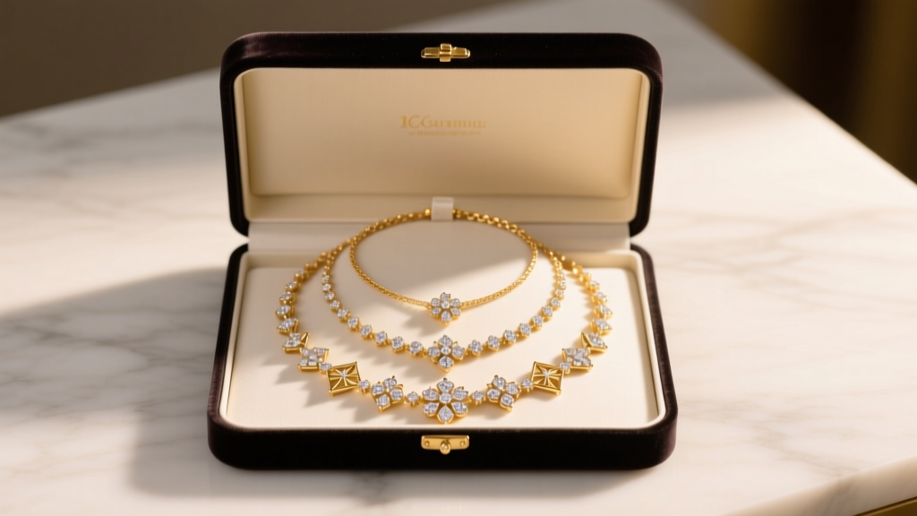 Open velvet box showing a layered 16-inch and 18-inch gold necklace set with diamond pendants under warm studio lighting.