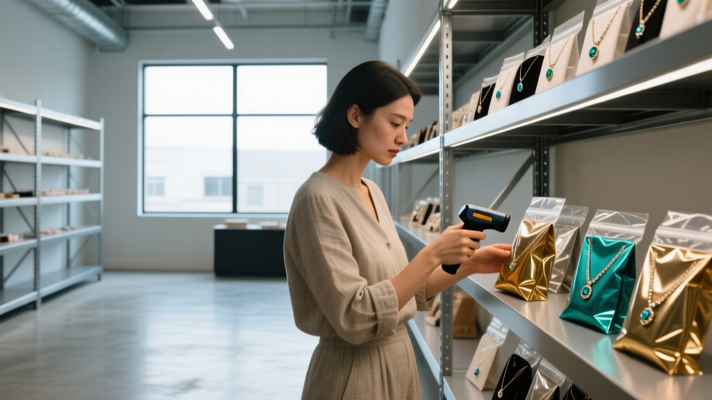 Boutique owner inspecting poly-bagged fashion jewelry parcels with a barcode scanner in a modern, well-lit warehouse environment