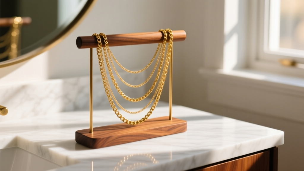Walnut wooden necklace holder displaying layered gold chains on a bright marble vanity top under soft, warm morning sunlight.