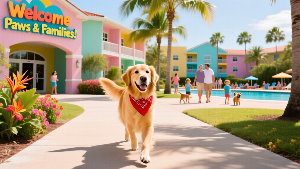 A happy dog walking on a sunny, palm-lined sidewalk near a colorful Orlando resort entrance