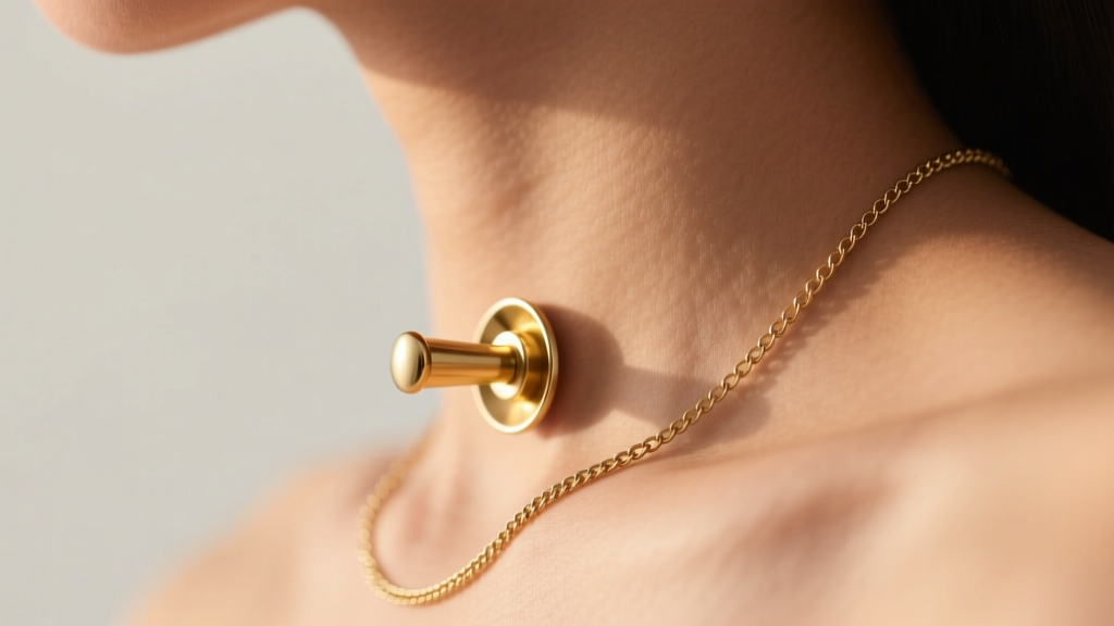Side-profile photo of a delicate gold-anodized titanium nipple shield with a fine draping chain, worn against warm skin tones.