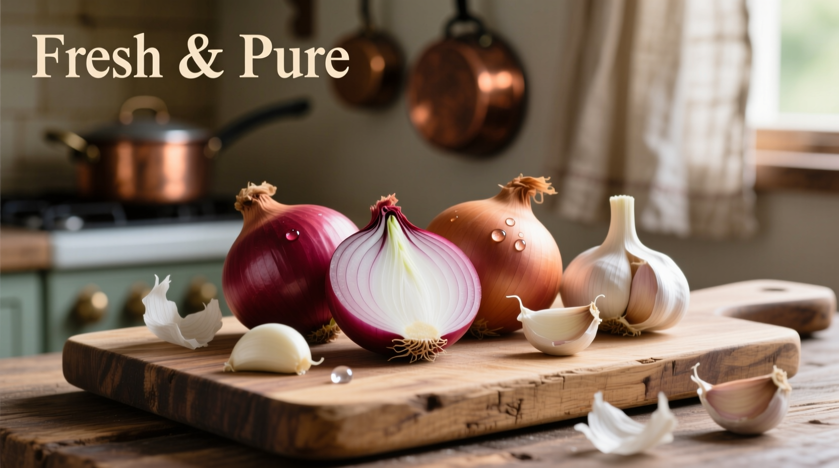 Fresh onions and garlic on wooden cutting board