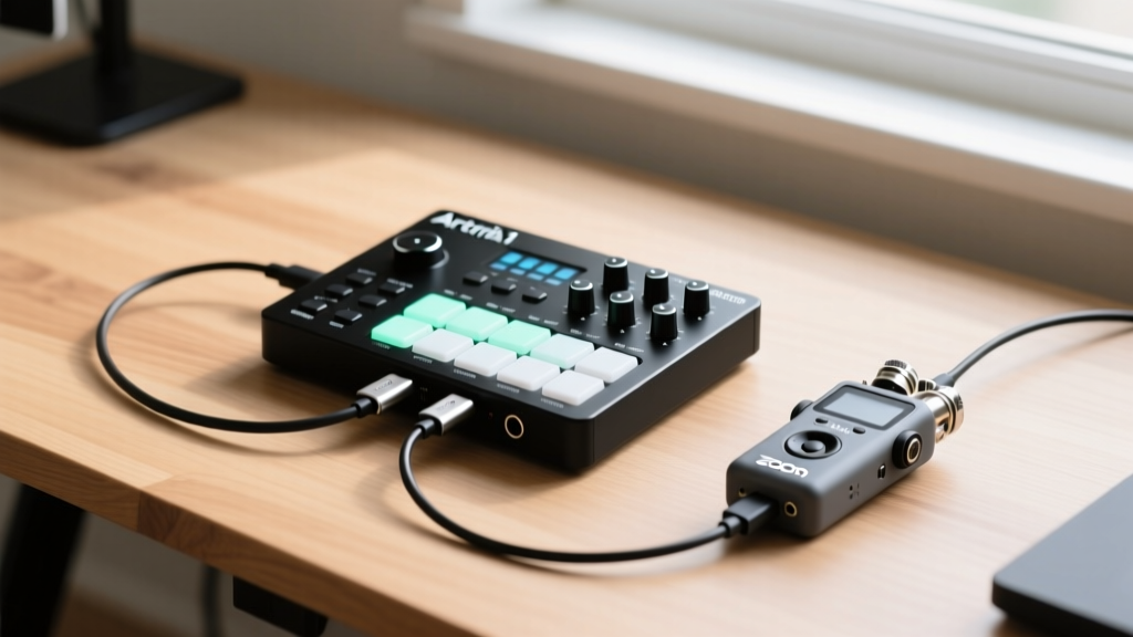 Flat lay of budget music gadgets including Arturia MiniFuse 1 interface and Zoom H1essential recorder with USB-C cables on a wooden studio desk