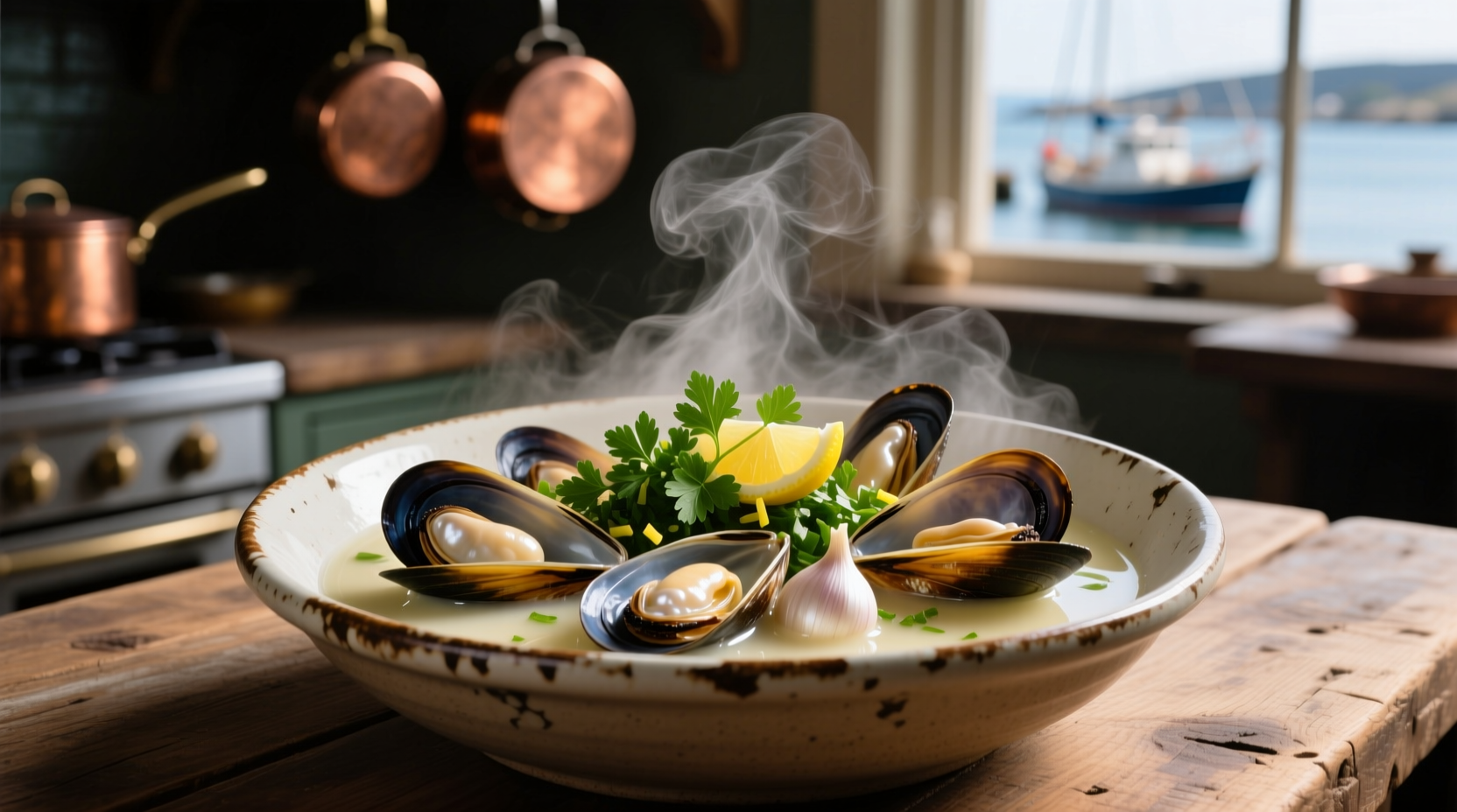 Steaming bowl of mussels in white wine with garlic