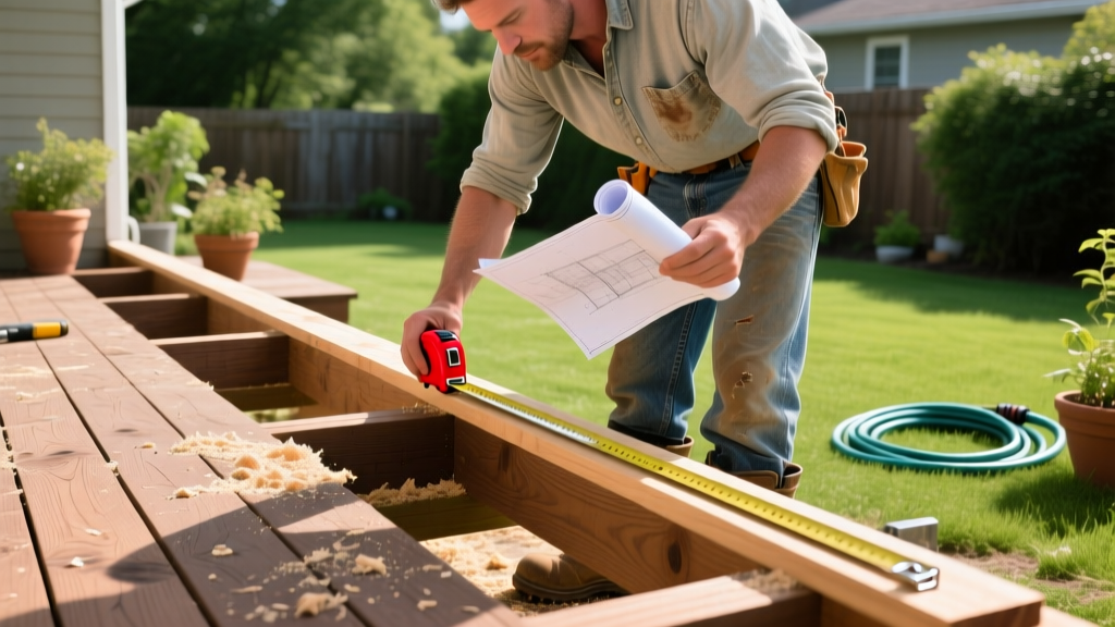 Carpenter measuring pressure-treated lumber joists for a ground-level deck frame with a tape measure and blueprint in a sunny backyard