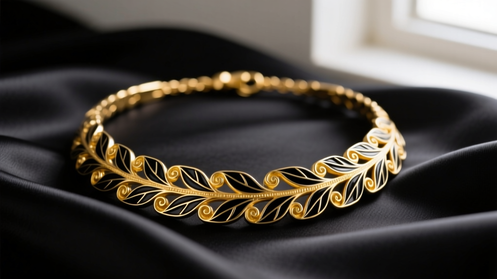 Close-up of a 14k yellow gold Hawaiian heirloom necklace with black enamel maile leaf scrollwork resting on dark silk fabric.