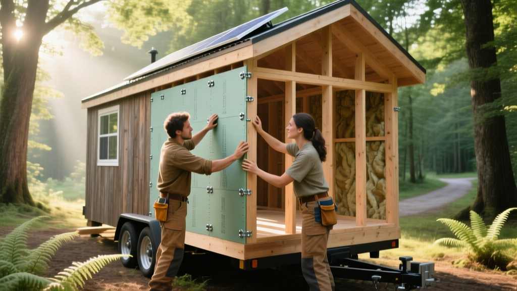 Couple installing structural insulated panels on a tiny house on wheels wooden frame in a sunlit forest clearing.