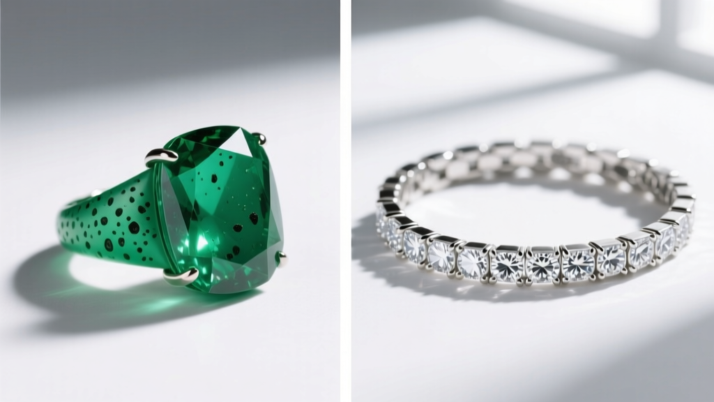 Split-screen showing a green emerald ring with surface pitting beside a pristine, highly reflective diamond tennis bracelet