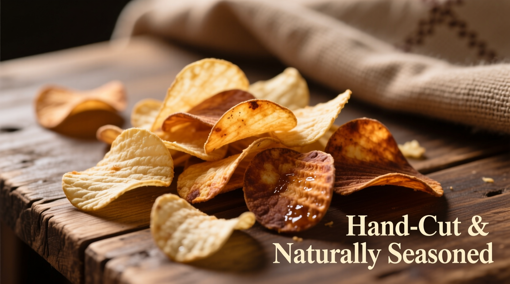 Russet potato chips showing color variation from light to dark