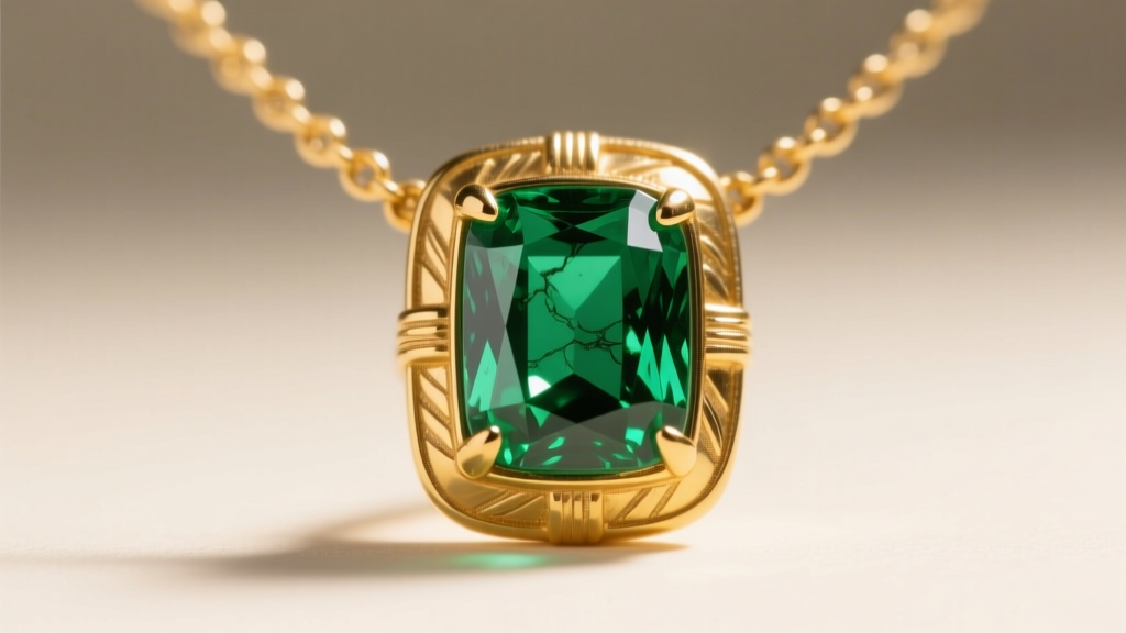 Macro shot of a vintage Cleveland emerald necklace showing an included step-cut emerald secured in a 14k gold bezel setting