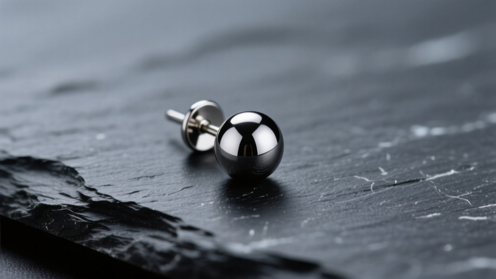 Macro shot of a 3mm titanium BB stud earring on dark slate with soft studio lighting highlighting the polished spherical bead.