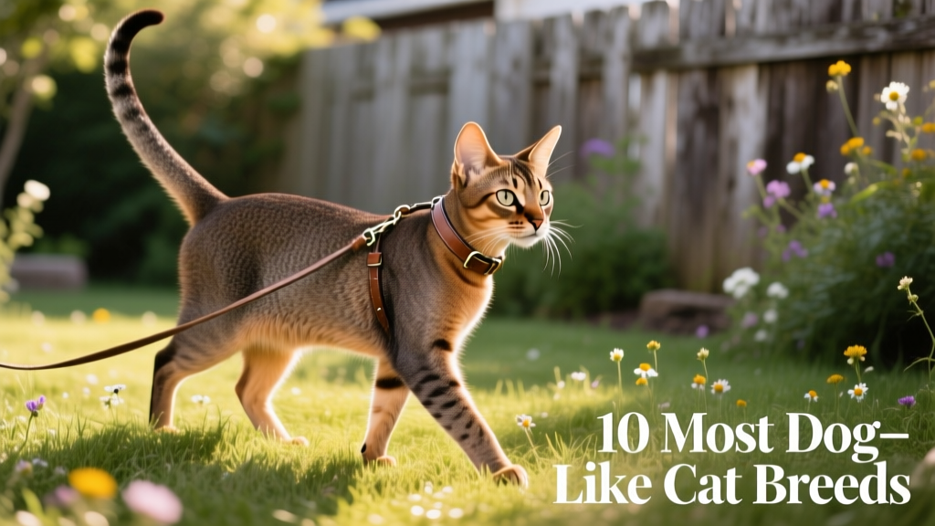 An Abyssinian cat walking confidently on a leash in a grassy backyard, tail held high