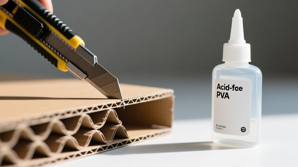 Close-up of a craft knife slicing B-flute cardboard, showing the wavy inner layer next to a bottle of acid-free PVA craft glue.