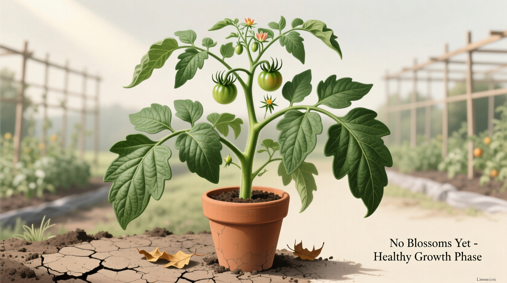 Tomato plant showing healthy foliage but no blossoms