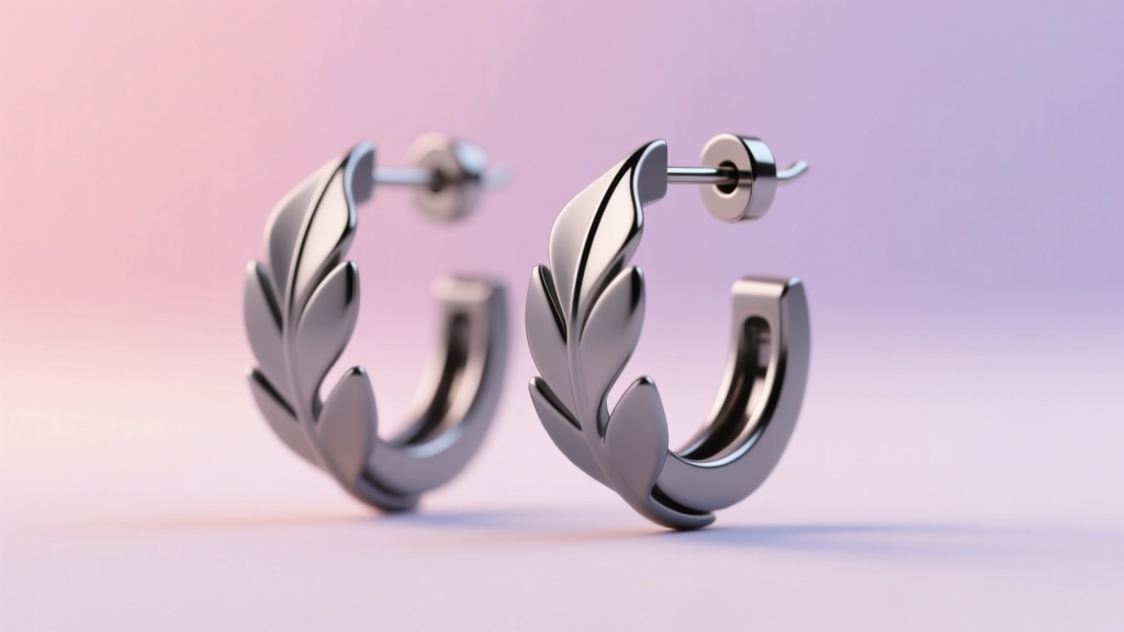 Matte gray titanium leaf hoop earrings with a clicker closure, shown from a side profile against a soft pastel gradient backdrop.