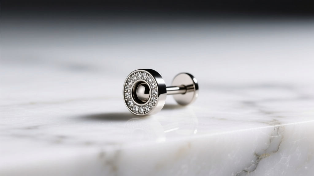 Polished implant-grade titanium flat-back labret earring resting on white marble under soft, diffused studio lighting, macro shot.