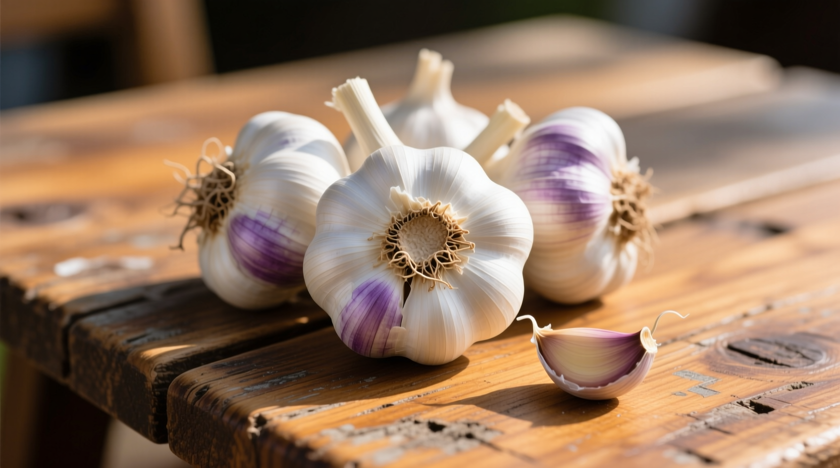 Fresh garlic bulbs with cloves on wooden table