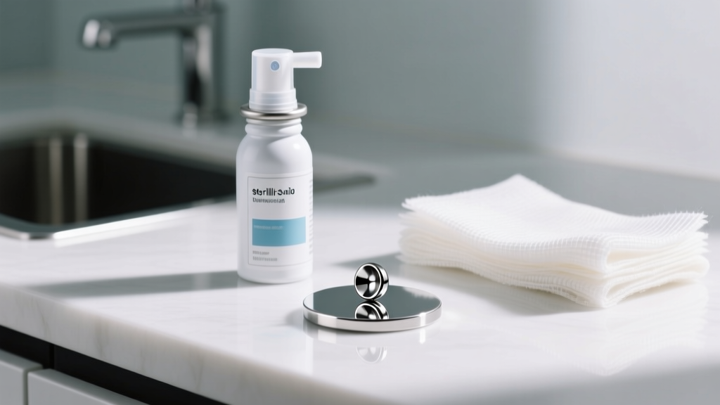 White counter with a sterile saline spray canister, folded non-woven gauze, and a polished implant-grade titanium earring stud.