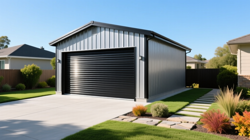 New 10x10 metal storage building on a concrete slab foundation with a roll-up door and finished landscaping in a bright suburban backyard