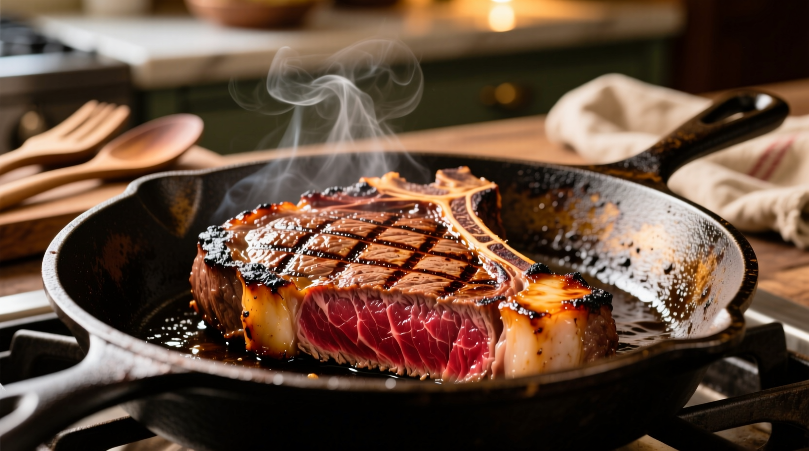 Perfectly seared ribeye steak in cast iron pan