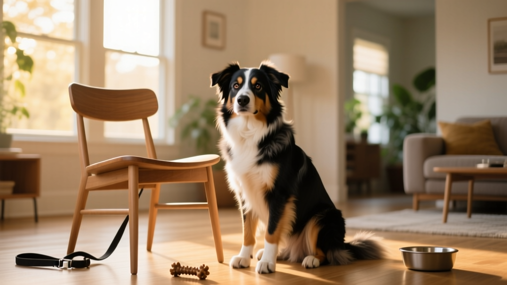 Australian Shepherd sitting calmly beside an empty chair, looking alert but relaxed