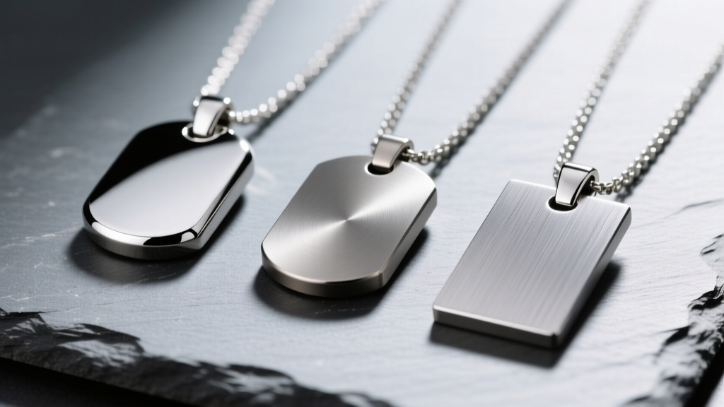 Macro shot of three military necklace blanks: polished silver, matte titanium, and brushed surgical steel side-by-side on slate.