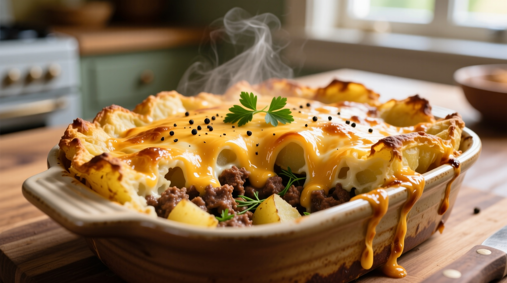 Golden potato ground beef casserole with melted cheese