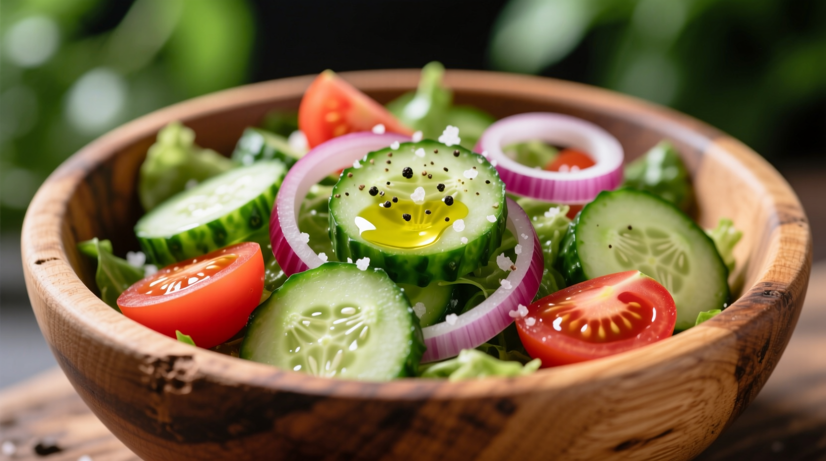 Fresh cucumber tomato onion salad in wooden bowl