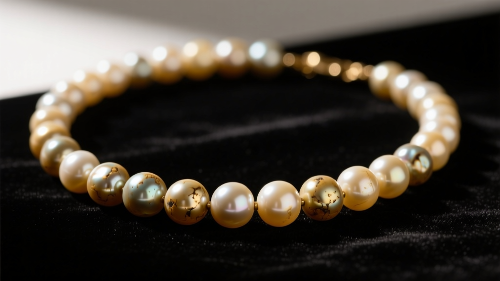 Close-up of a vintage patina pearl necklace on dark velvet, showcasing the oxidized matte surface and subtle golden overtones.