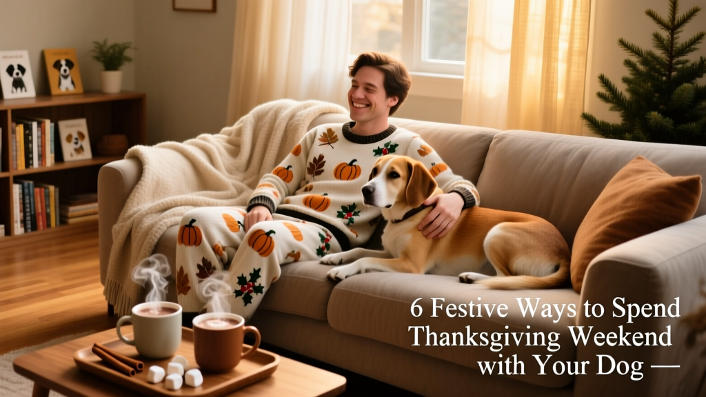 A relaxed indoor scene: person and dog lounging on a sofa wearing matching cozy pajamas, with mugs and soft lighting