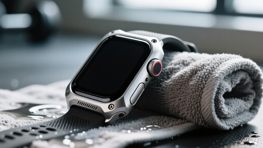 Side profile of an ultra-rugged smartwatch case with integrated bumper and raised sapphire glass bezel resting on wet gym towel