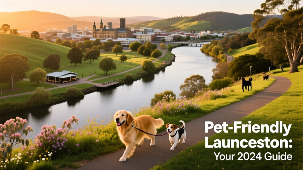 An aerial view of Launceston nestled between green hills and the winding Tamar River
