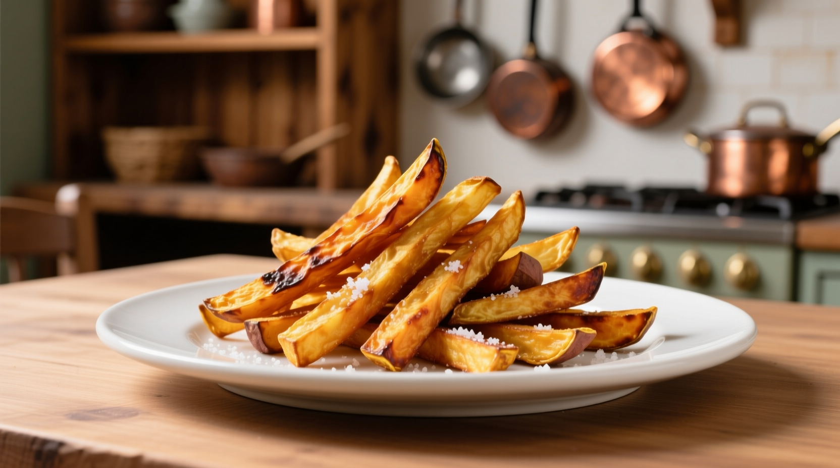 Golden-brown sweet potato fries on white plate