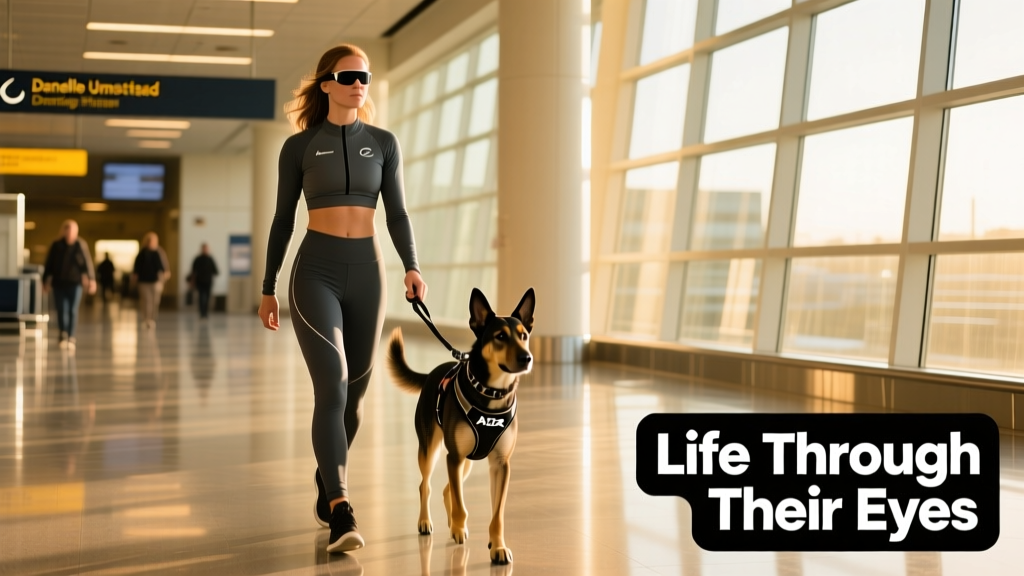 Danelle Umstead and Aziza walking confidently through an airport terminal, harness visible