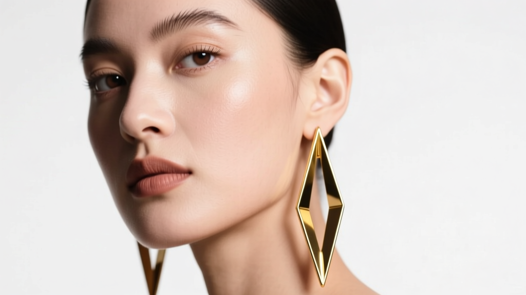 Close-up of a woman with a round face wearing long angular gold geometric drop earrings to elongate her jawline under studio lights