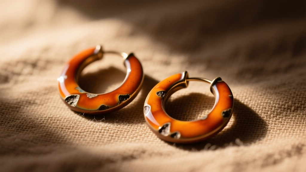 Macro shot of burnt orange vitreous enamel hoop earrings resting on textured linen cloth, illuminated by warm directional sunlight.