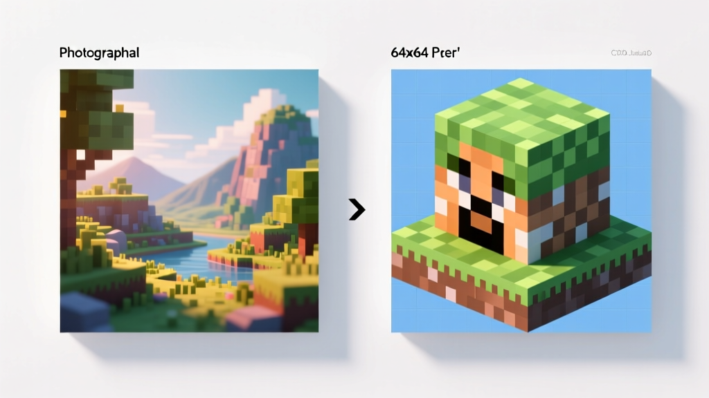 A side-by-side comparison showing an original high-resolution photograph and its 64x64 pixelated Minecraft block grid equivalent.