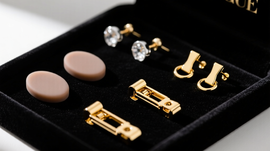 Close-up of earring closures including silicone backs, metal clutches, and gold leverbacks arranged neatly on dark velvet