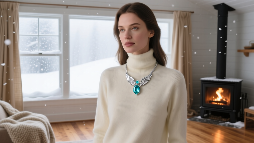 Woman wearing a platinum arctic angel necklace with an icy blue aquamarine stone over a cream turtleneck in a cozy snowy cabin.