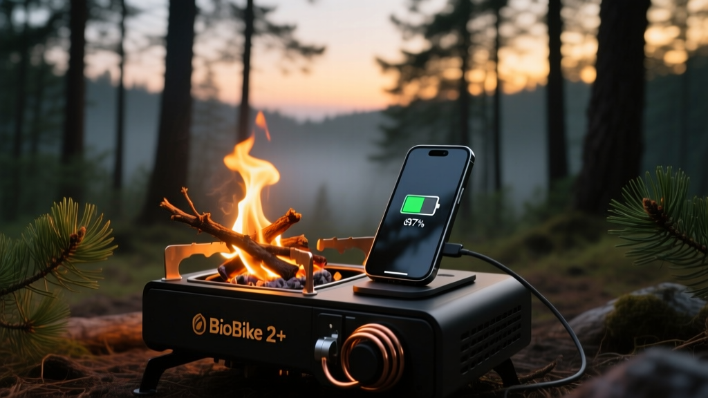 Close-up of a BioLite CampStove 2+ charging a smartphone while burning small twigs in a dense pine forest campsite at dusk.