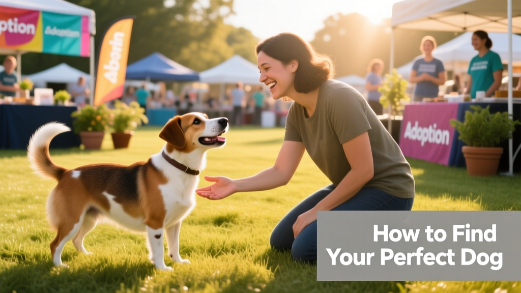 A joyful adopter meeting a friendly, medium-sized mixed-breed dog at a sunny outdoor adoption event
