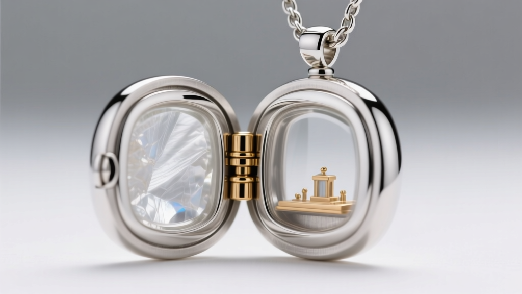 Open sterling silver clear locket necklace showing mineral glass windows and a brass barrel hinge mechanism in soft studio lighting.