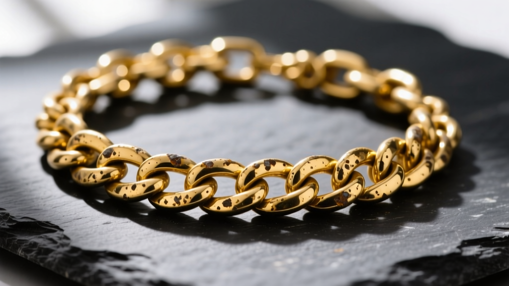 Close-up of a tarnished 14k yellow gold Cuban link necklace chain on dark slate, highlighting dull spots and grime in the links.