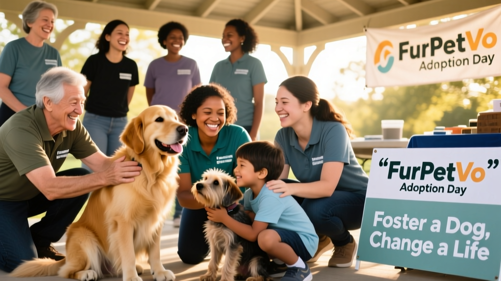 A diverse group of volunteers smiling alongside dogs at a FurPetVo community adoption event