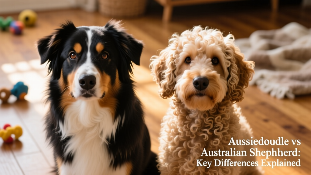 Close-up portrait showing coat texture differences: smooth double coat of an Australian Shepherd versus wavy, curly coat of an Aussiedoodle