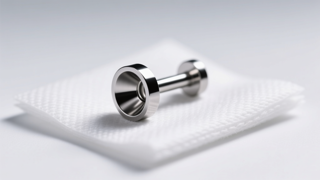 Close-up of a sterile implant-grade titanium flat-back labret stud resting on medical gauze under bright, clean clinical lighting.