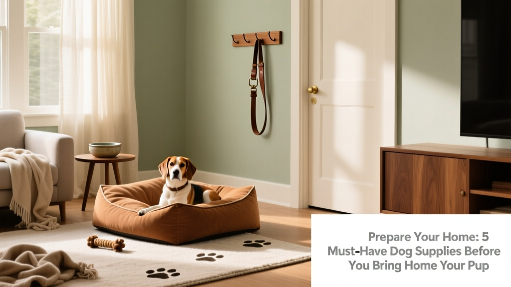 A cozy, dog-friendly living room with a soft bed, chew toy, water bowl, and leash hanging neatly nearby