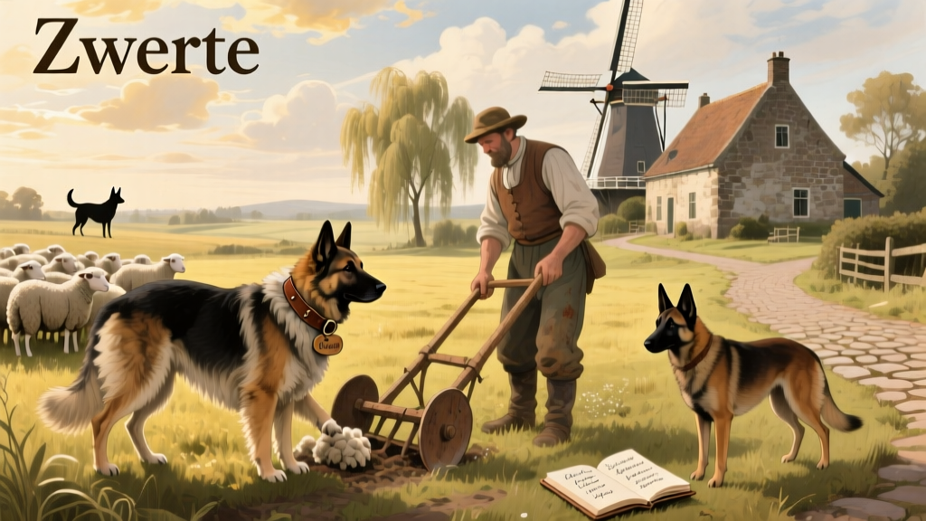 Historical illustration showing a Dutch Shepherd working alongside a farmer in a 18th-century Dutch countryside setting