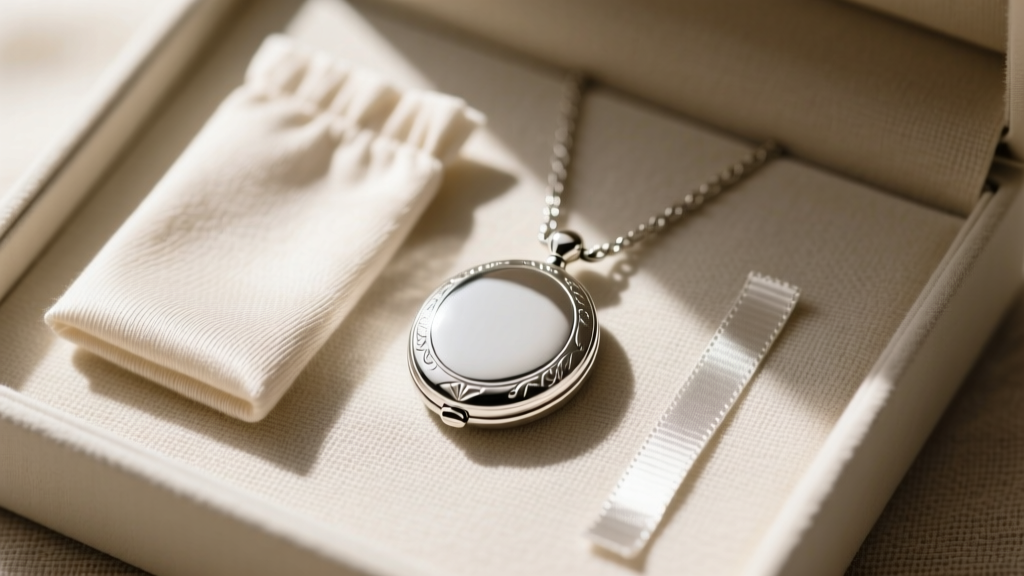 Overhead shot of a silver locket gift kit including a treated polishing cloth and anti-tarnish strip resting on textured beige linen