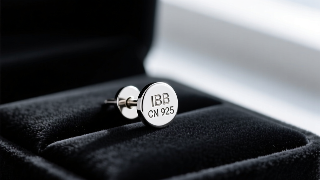 Close-up of a sterling silver earring post stamped with IBB CN 925 hallmarks, resting on a dark velvet jewelry display pad.